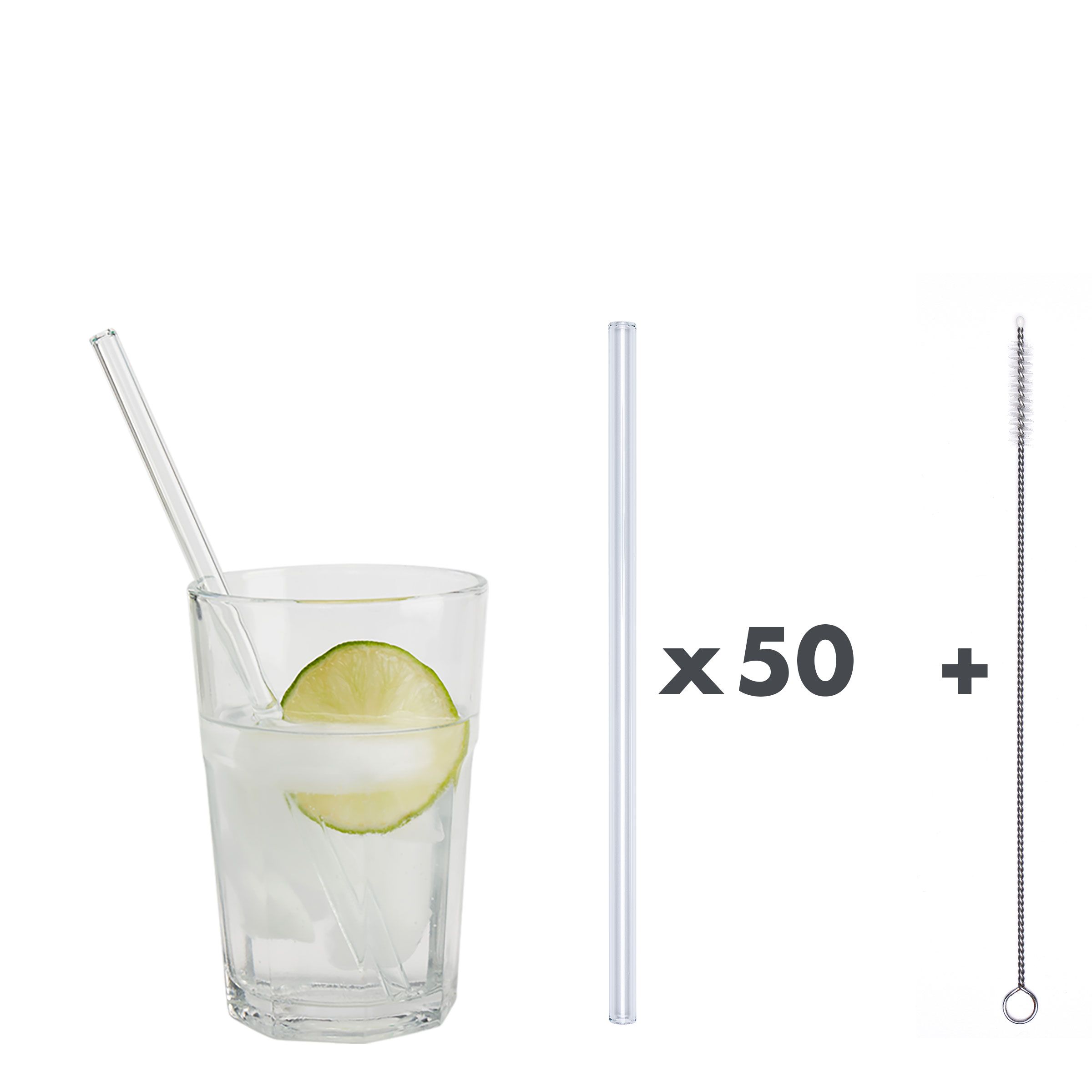 50 Glastrinkhalme 20cm Ø8mm+1 Bürste